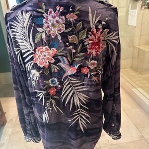 Johnny Was purple camo velvet embroidered front and back, button down size small